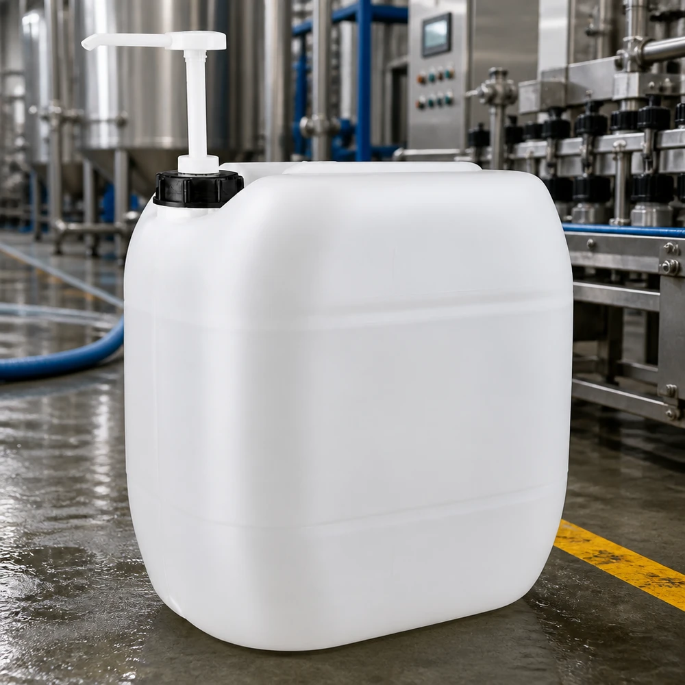 Duży biały kanister przemysłowy o pojemności 30 l z dozownikiem z pompką w hali produkcyjnej