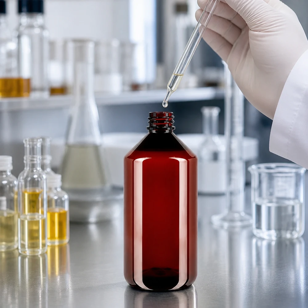 Czerwona butelka PET o pojemności 750 ml z korkiem odgazowującym do przechowywania cieczy chemicznych w laboratorium
