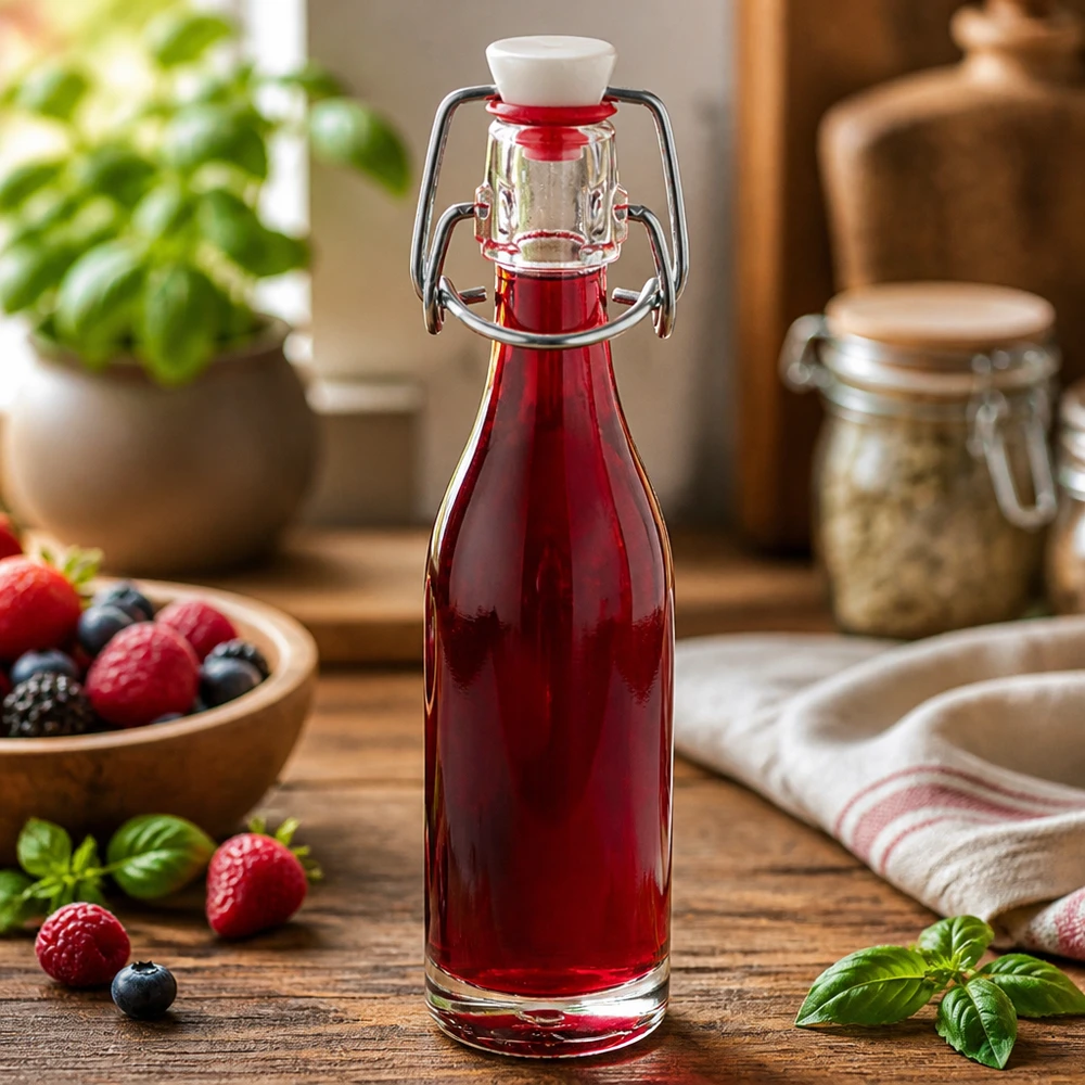 Szklana butelka o pojemności 50 ml z uchylnym wieczkiem wypełniona sokiem z czerwonych jagód w otoczeniu świeżych truskawek i jagód.