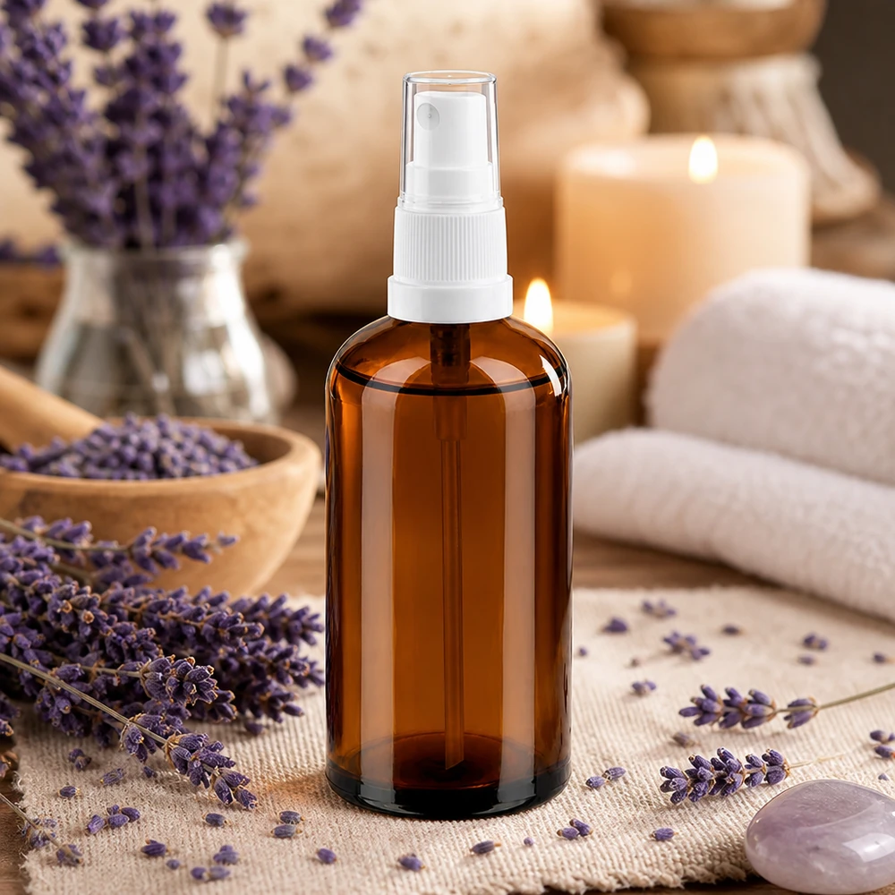 100 ml butelka z atomizerem biała/przezroczysta STD BrownLine UT18/100 Wysokiej jakości szklana butelka z rozpylaczem o pojemności 100 ml w kolorze bursztynowego brązu z białą głowicą rozpylającą zapewniającą optymalną ochronę przed promieniowaniem UV.
