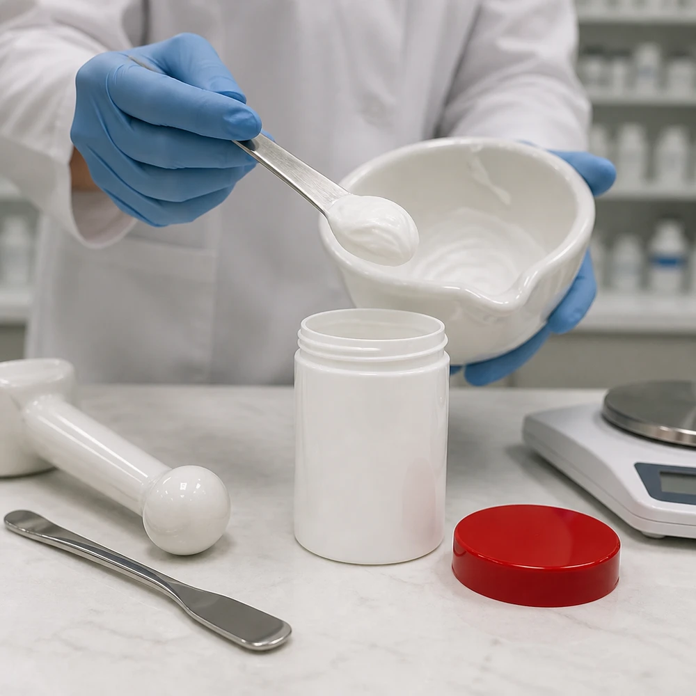 Farmaceuta napełnia biały słoik na maść o pojemności 150 g z czerwoną pokrywką z porcelanowego moździerza kremem