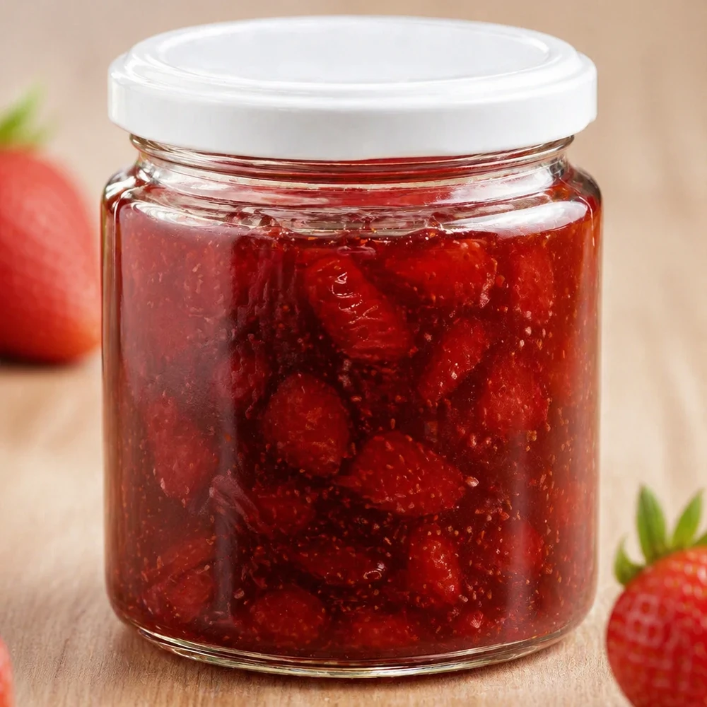 350g Honigglas + BasicSeal Deckel weiß UNiTWIST 250 ml słoik miodu z białą pokrywką UNiTWIST wypełniony dżemem truskawkowym obok świeżych truskawek