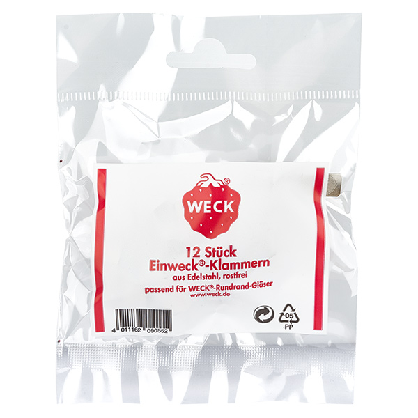 Zaciski Original WECK (opakowanie zawierające 12 sztuk)Uwaga: 12 sztuk w opakowaniu Zaciski do przetworów WECK 12 sztuk ze stali nierdzewnej do słoików z okrągłym brzegiem Oryginalne opakowanie produktu