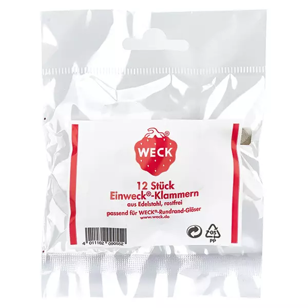 Zaciski Original WECK (opakowanie zawierające 12 sztuk)Uwaga: 12 sztuk w opakowaniu Zaciski do przetworów WECK 12 sztuk ze stali nierdzewnej do słoików z okrągłym brzegiem Oryginalne opakowanie produktu