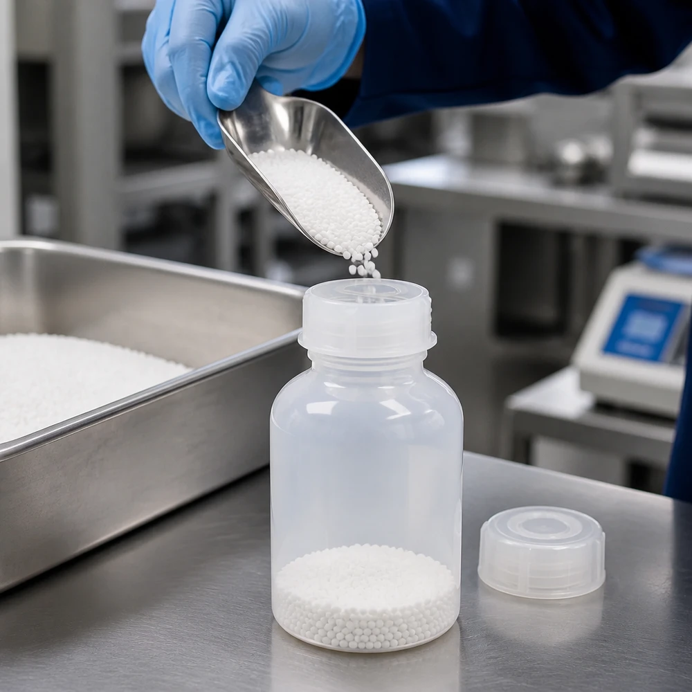 Butelka laboratoryjna 100 ml z szeroką szyjką i zakrętką 100 ml plastikowa butelka laboratoryjna z szeroką szyjką i oddzielną zakrętką na powierzchni ze stali nierdzewnej