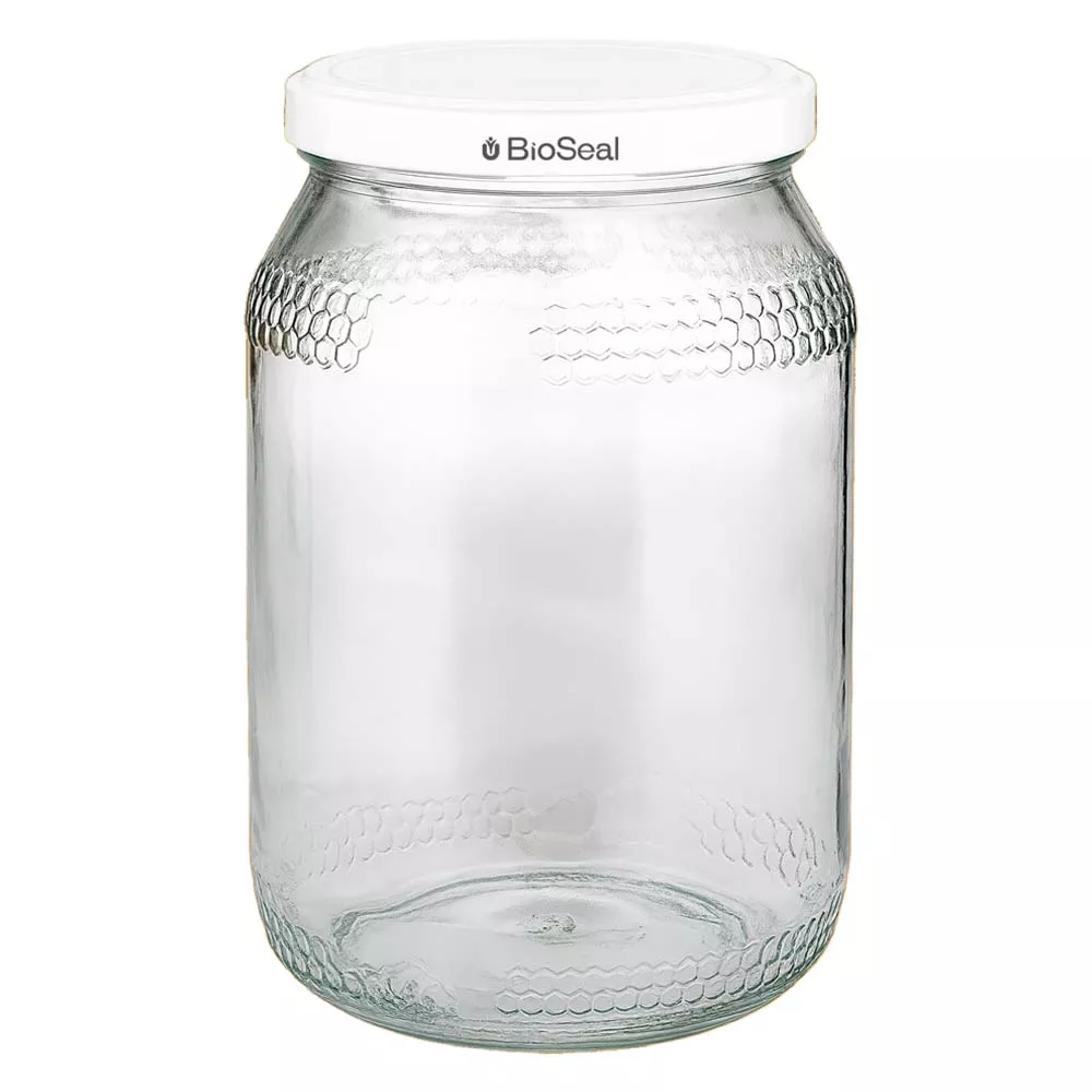 1260g Honigglas + BioSeal Deckel weiß UNiTWIST 900 ml słoik na miód z białą pokrywką BioSeal UNiTWIST pusty szklany słoik na miód z wzorem plastra miodu