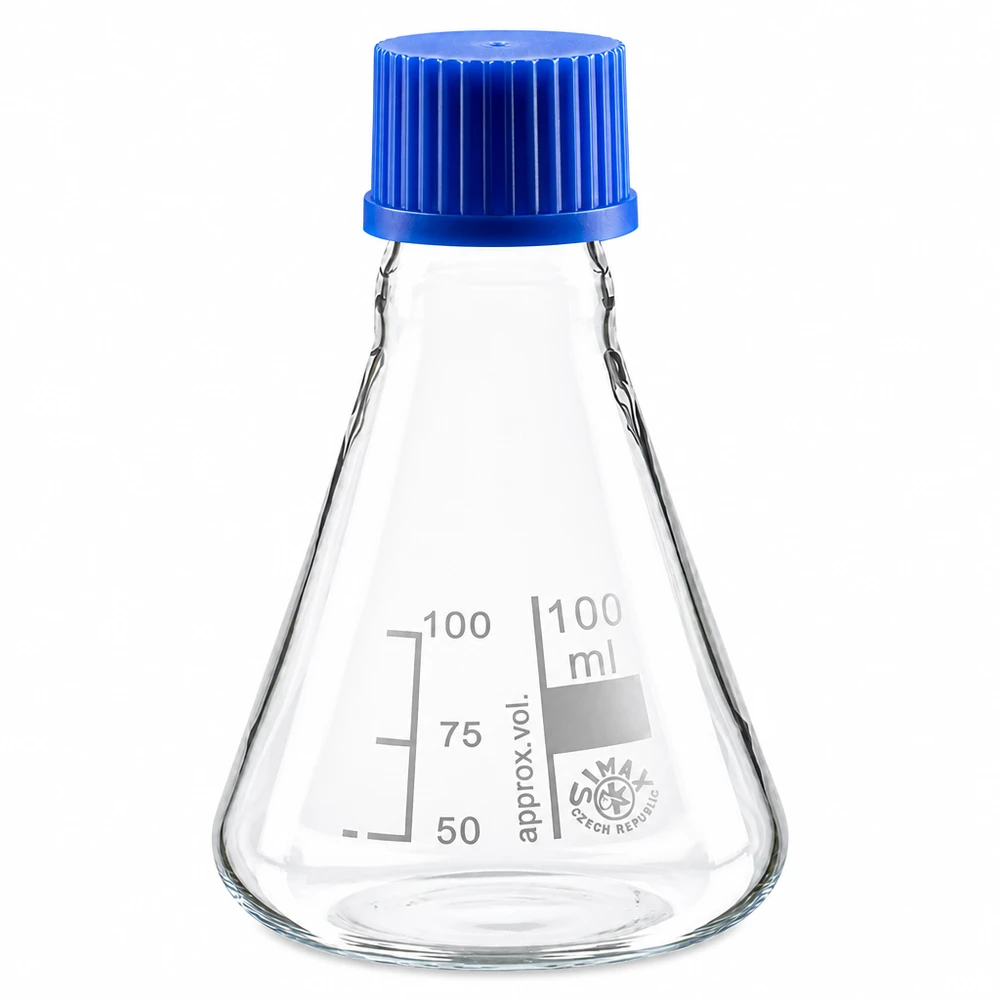 Kolba stożkowa Erlenmeyera 100 ml z praktyczną niebieską plastikową zakrętką