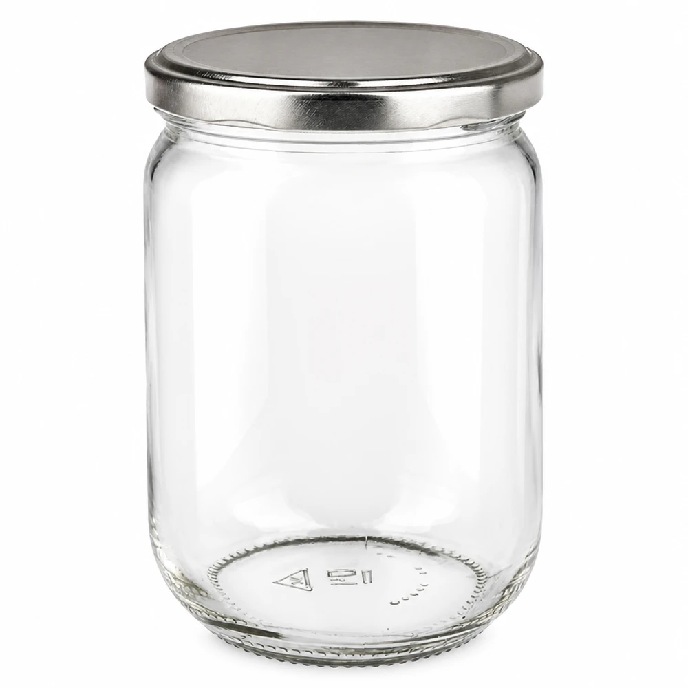 Okrągła szklanka 555 ml + pokrywka BasicSeal w kolorze srebrnym UNiTWIST Okrągła szklanka o pojemności 555 ml z srebrną pokrywką BasicSeal, pusta i przezroczysta, widziana z przodu