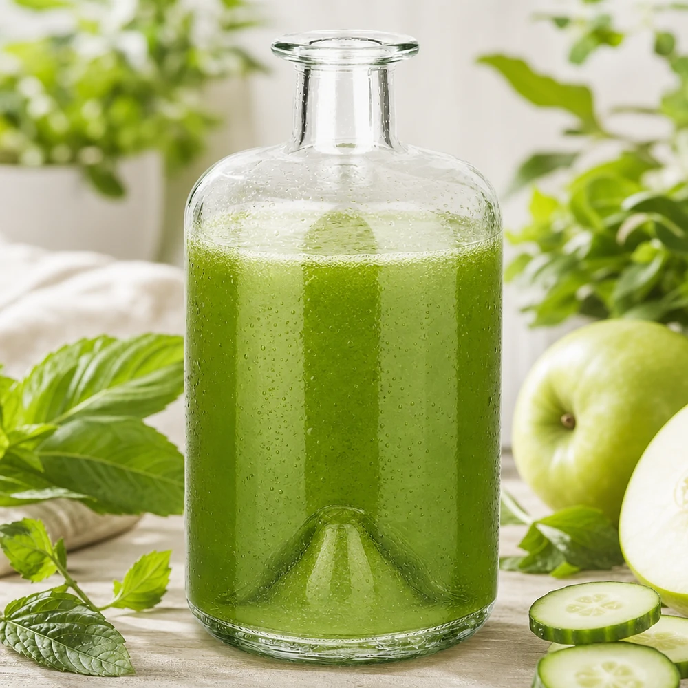 Butelka apteczna 500 ml 500ml Glasflasche "Sofia" ohne Verschluss UNiTWIST bez zamknięcia UNiTWIST® 500ml szklana butelka Sofia wypełniona zielonym smoothie ogórek jabłko mięta detox napój apothecary butelka kuchnia