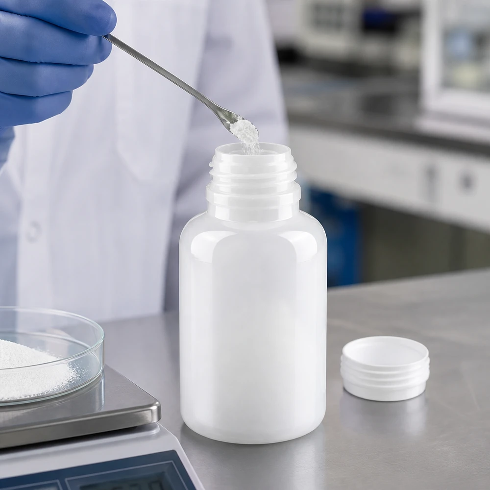 Laborant napełnia plastikową butelkę o szerokiej szyjce i pojemności 250 ml białym proszkiem za pomocą łopatki