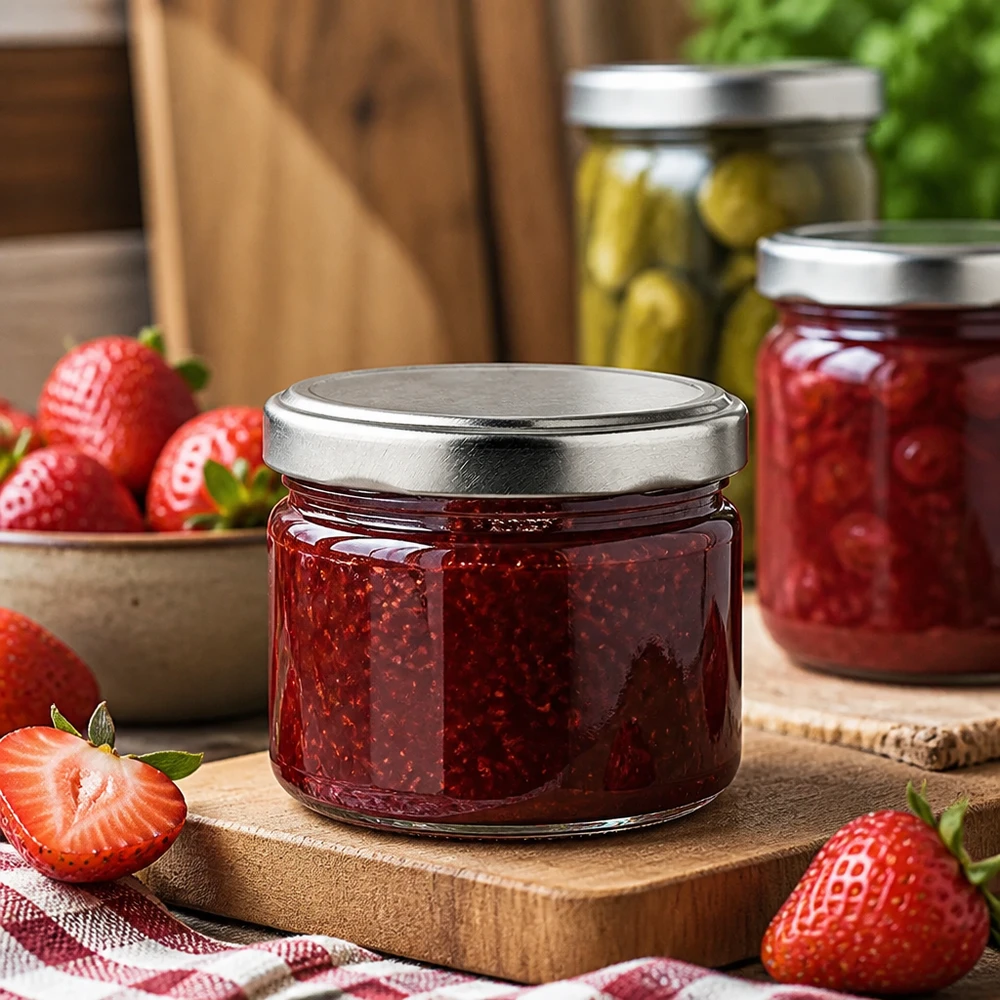 Słoik okrągły 540 ml + pokrywka BasicSeal srebrna matowa UN.. 540 ml okrągły słoik ze srebrną pokrywką na dżem i marmoladę, słoik na przetwory z truskawkami na drewnianym stole