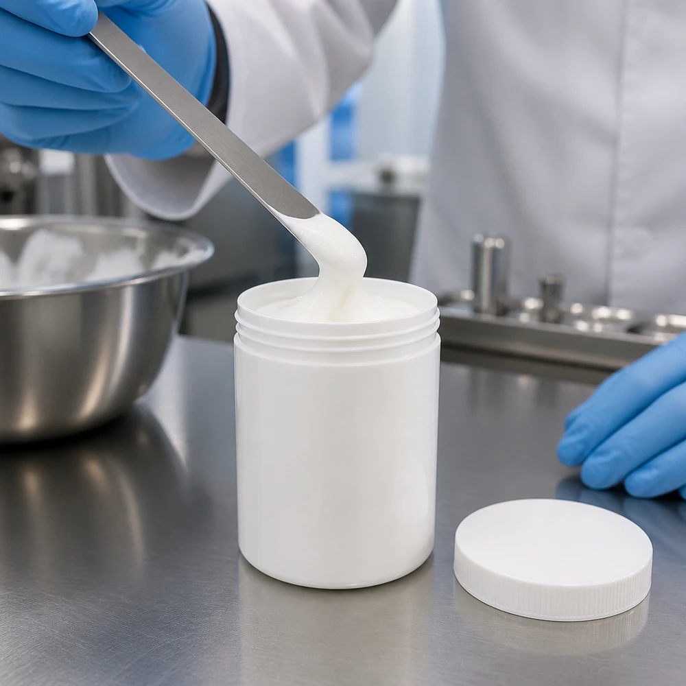 Napełnianie w laboratorium słoiczka o pojemności 75 g, wykonanego z białego tworzywa PP, kremową maścią