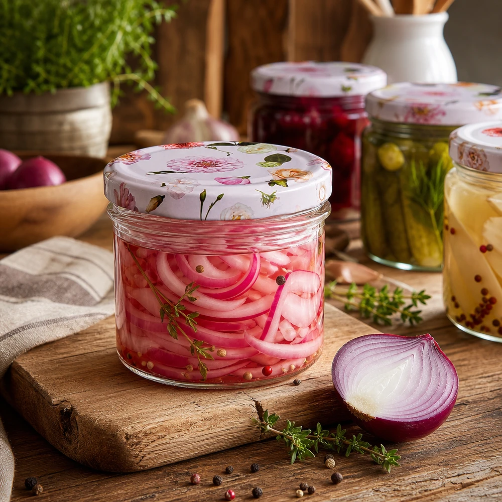 Słoik 225 ml + pokrywka BasicSeal kwiat różowy UN.. Marynowana czerwona cebula w kubkach 225 ml z pokrywką BasicSeal w różowe kwiaty - fermentacja i konserwacja warzyw
