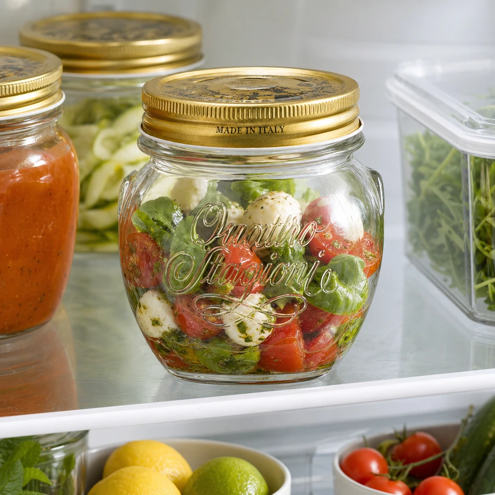 300 ml okrągły słoik Quattro Stagioni ze złotą pokrywką wypełniony sałatką Caprese w lodówce Made in Italy