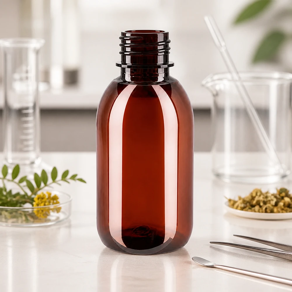 Naturkosmetik Verpackung 250ml bernstein PET Flasche mit Originalitätsverschluss und Becher