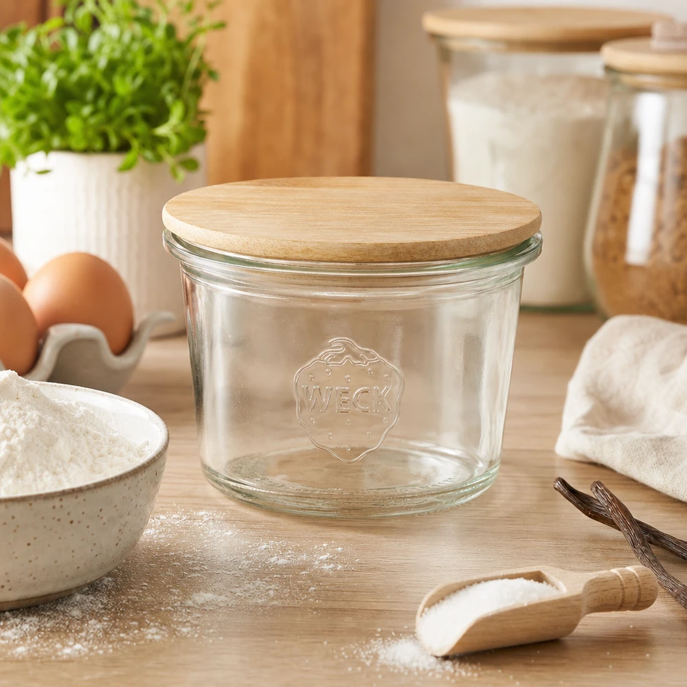Minibutelki WECK RR40 o pojemności 35 ml z drewnianą pokrywką WECK Mini Sturzglas 35ml RR40 mit Bambus Holzdeckel in moderner Küche zwischen Backzutaten Mehl und Eiern