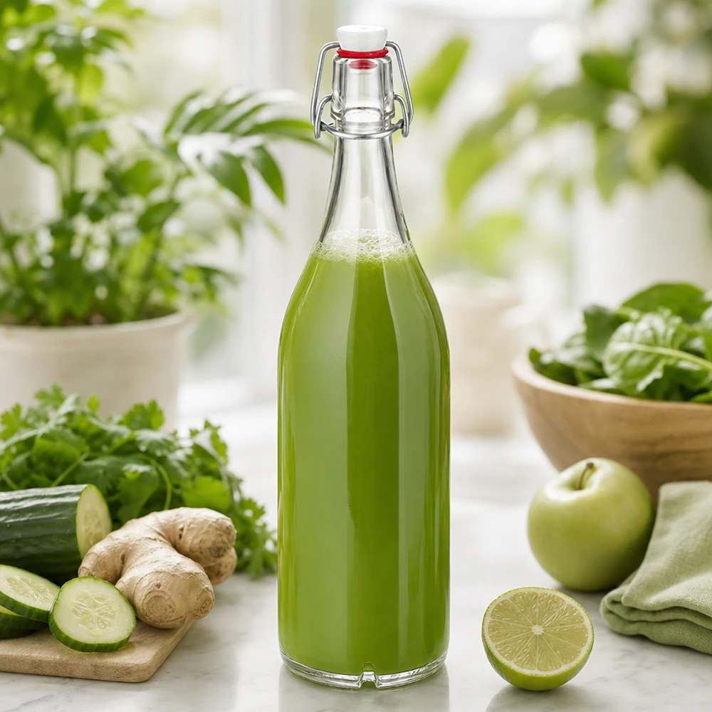 Szklana butelka o pojemności 1000 ml z uchylnym wieczkiem wypełniona zielonym sokiem otoczonym świeżymi składnikami, takimi jak ogórek i imbir.