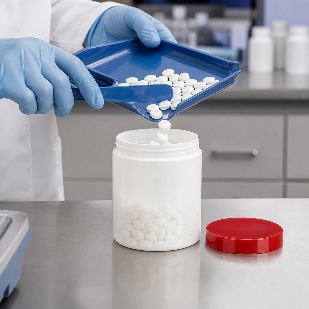 Farmaceuta napełnia białą słoiczek z PP o pojemności 30 g tabletkami na blacie laboratoryjnym