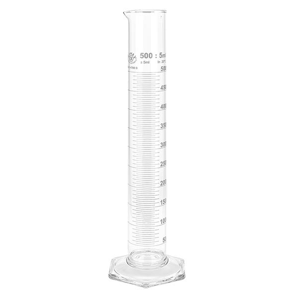 Cylinder miarowy 500 ml HF wykonany ze szkła, biała skala. HF = wysoki kształt. Skala wykonana ze szkła borokrzemowego z wylewką. Sześciokątna podstawa. ISO 4788. Cylinder miarowy 500 ml HF wykonany ze szkła, biała skala. HF = wysoki kształt. Skala wykonana ze szkła borokrzemowego z wylewką. Sześciokątna podstawa. ISO 4788.