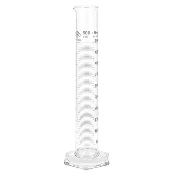 Cylinder miarowy 500 ml HF wykonany ze szkła, biała skala. HF = wysoki kształt. Skala wykonana ze szkła borokrzemowego z wylewką. Sześciokątna podstawa. ISO 4788. Cylinder miarowy 500 ml HF wykonany ze szkła, biała skala. HF = wysoki kształt. Skala wykonana ze szkła borokrzemowego z wylewką. Sześciokątna podstawa. ISO 4788.