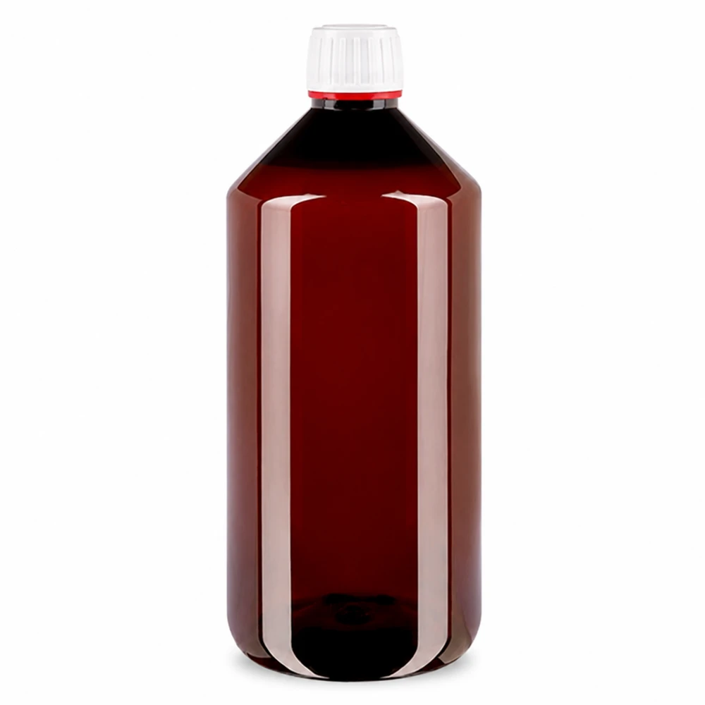 Brązowa butelka PET o pojemności 1000 ml z biało-czerwoną oryginalną nakrętką OV z przezroczystego tworzywa sztucznego