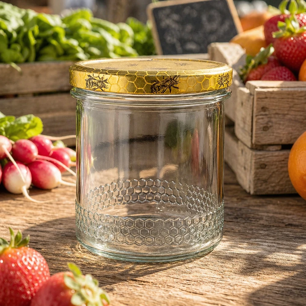 560g Honigglas + BasicSeal Deckel Bienenwabe UNiTWIST Słoik na miód o pojemności 400 ml z pokrywką BasicSeal o strukturze plastra miodu, pusty słoik pszczelarski między świeżymi truskawkami i warzywami