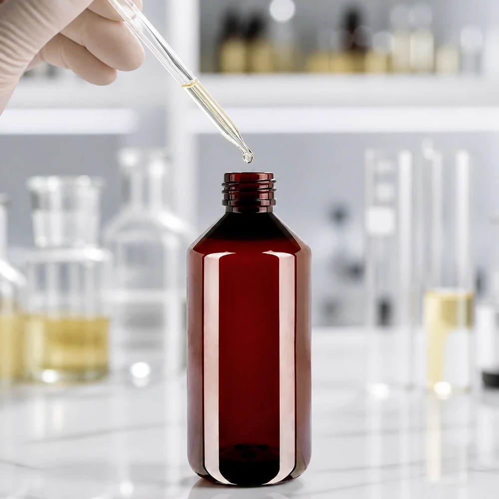 Butelka PET chroniąca przed światłem, 1000 ml, brązowa, z pipetą, przeznaczona do napełniania w warunkach laboratoryjnych