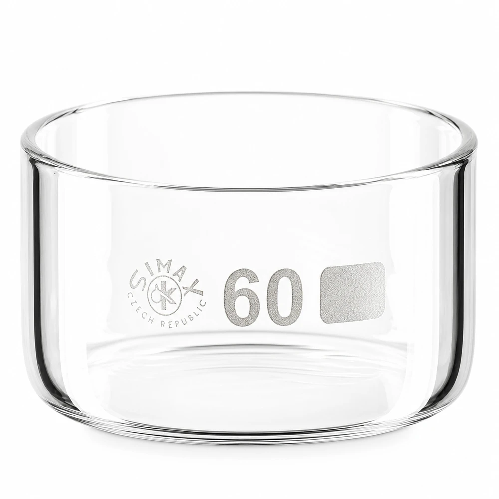 Naczynie do krystalizacji 60 ml bez dziobka Borokrzemianowe Miska do krystalizacji Simax o pojemności 60 ml, wykonana ze szkła borokrzemowego, bez wylewki, o cylindrycznym kształcie