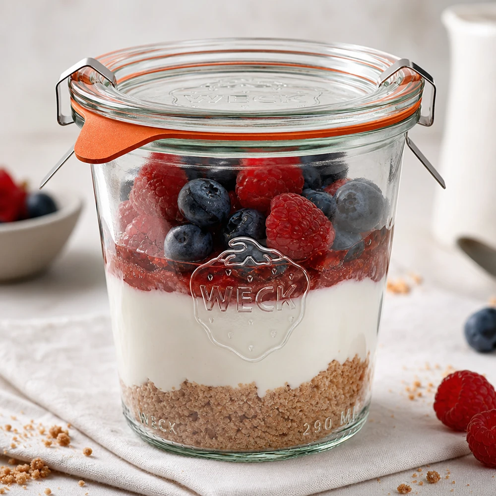 Kubek WECK 290ml RR80 jako słoik deserowy z jogurtem, jagodami i musli ułożonymi warstwami na białej powierzchni.