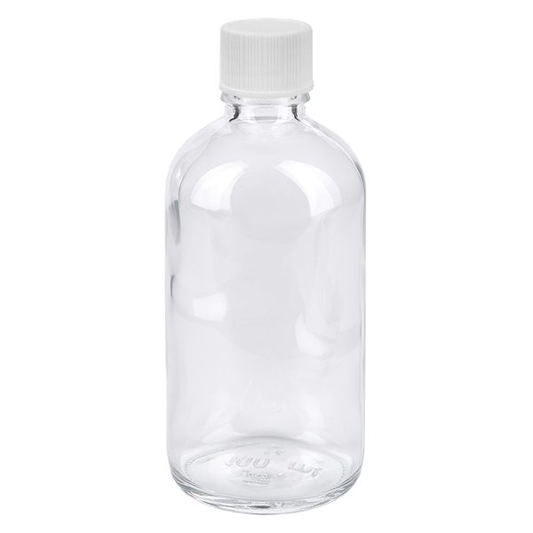 Butelka 100 ml 11 mm SV biała STD ClearLine UT18/100 Butelka ze szkła przezroczystego o pojemności 100 ml z białą zakrętką 11 mm, seria ClearLine UT18