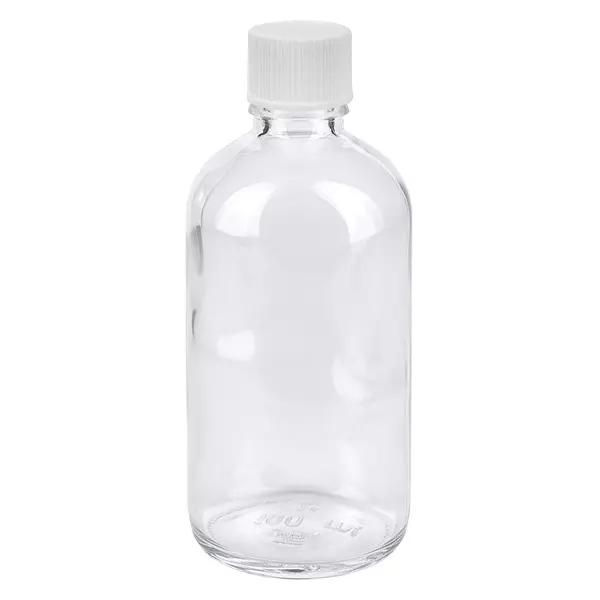Butelka 100 ml 11 mm SV biała STD ClearLine UT18/100 Butelka ze szkła przezroczystego o pojemności 100 ml z białą zakrętką 11 mm, seria ClearLine UT18