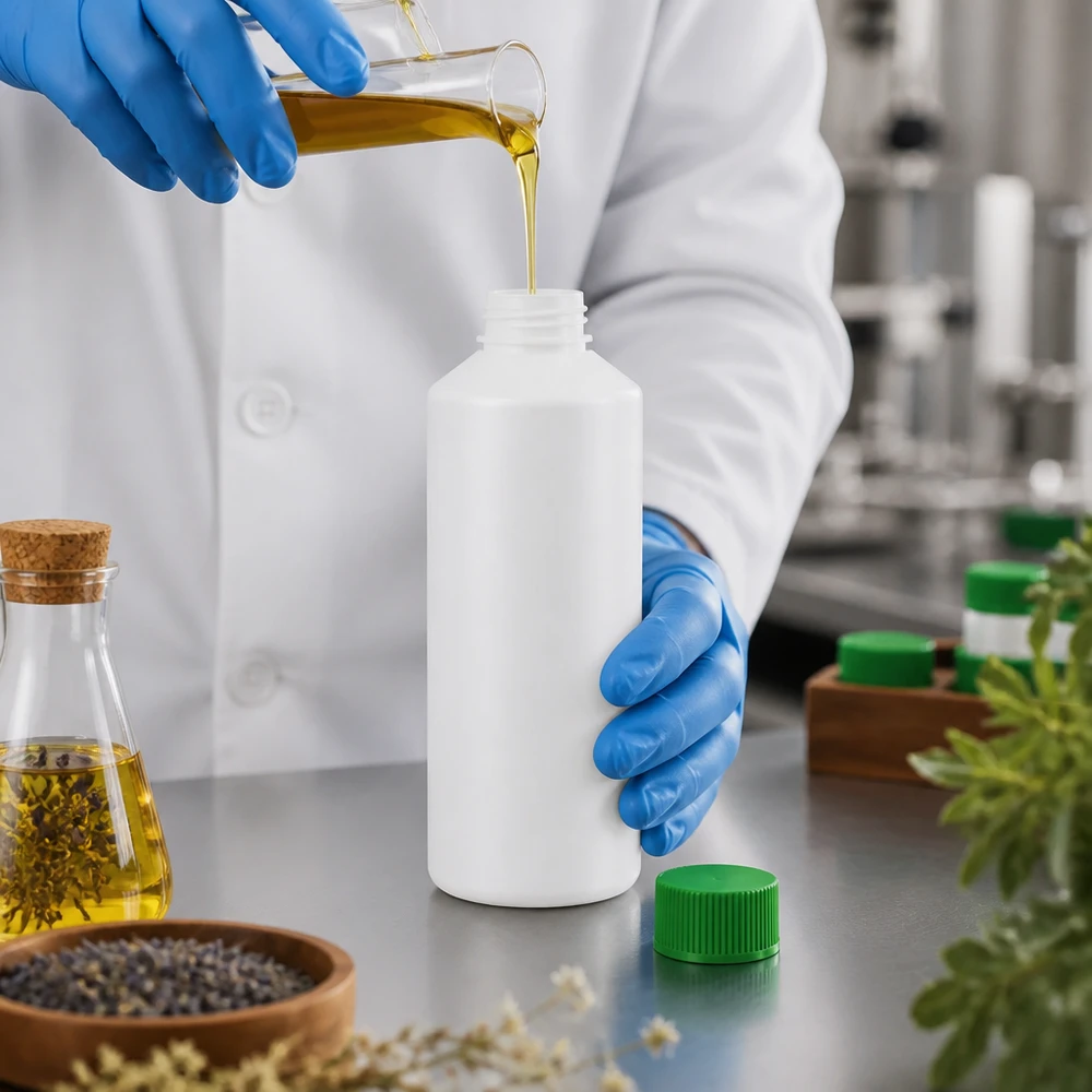 Butelka apteczna HDPE 100ml biała, z zielonym SV Biała butelka z tworzywa sztucznego o pojemności 100 ml z zielonym znakiem SV, przeznaczona do olejów i naturalnych ekstraktów w opakowaniach farmaceutycznych