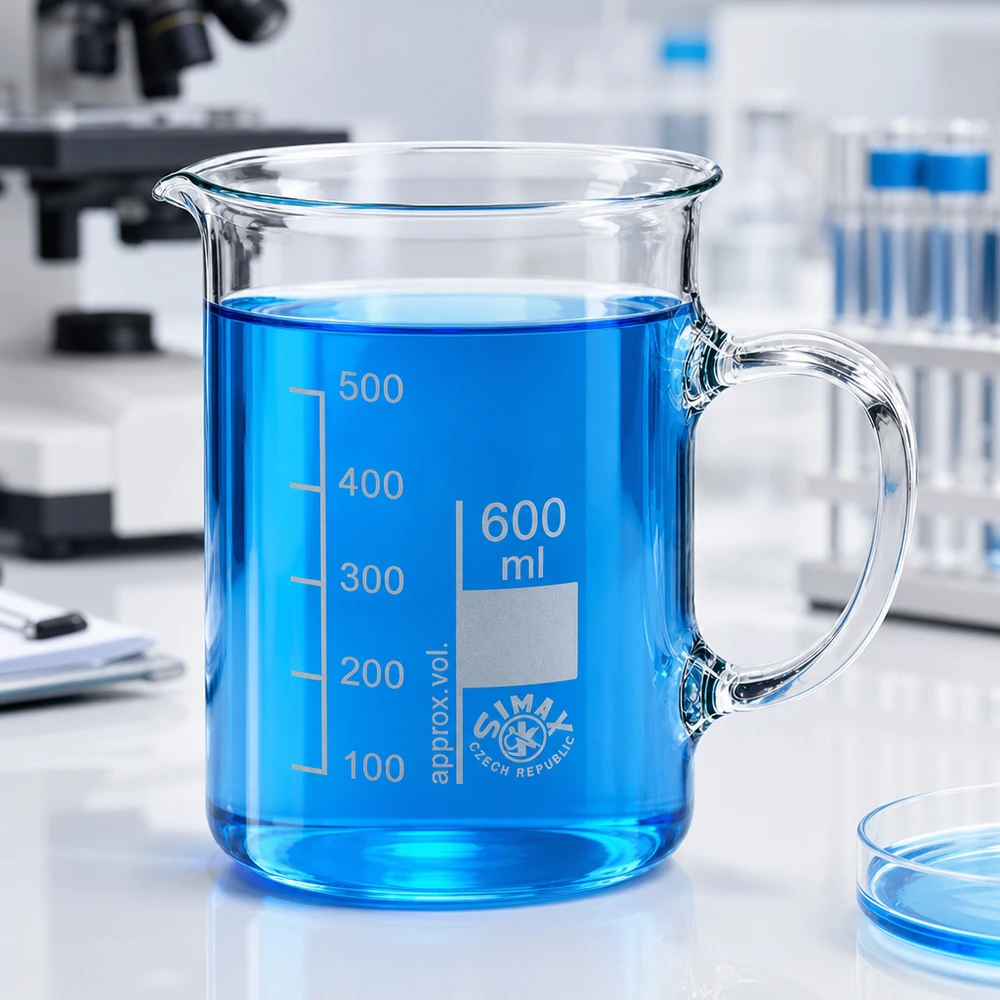 Zlewka 600 ml ze szkła borokrzemowego, z uchwytem Przezroczysta zlewka laboratoryjna o pojemności 600 ml z uchwytem, wypełniona niebieskim płynem w laboratorium