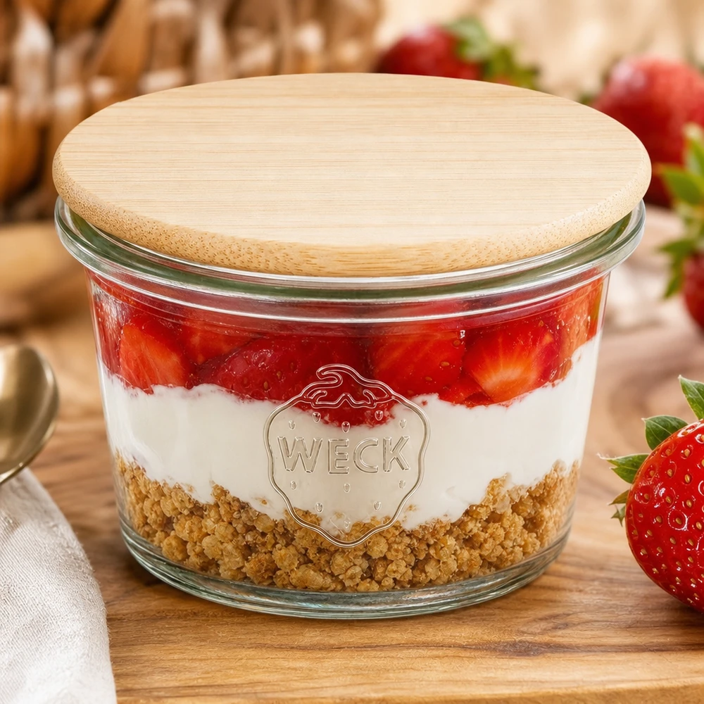 WECK mini słoik 35ml RR40 z bambusową drewnianą pokrywką wypełniony truskawkowym deserem na drewnianej desce ze świeżymi truskawkami