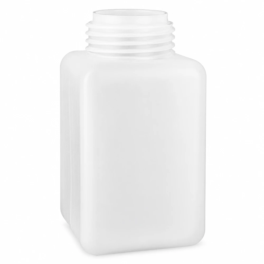 Butelka na chemikalia 1000 ml, wąska szyjka z PE-HD, kolor naturalny Butelka na chemikalia 1000 ml z polietylenu HD (PE-HD), z wąską szyjką, w kolorze naturalnym, prostokątna, przeznaczona do bezpiecznego przechowywania chemikaliów