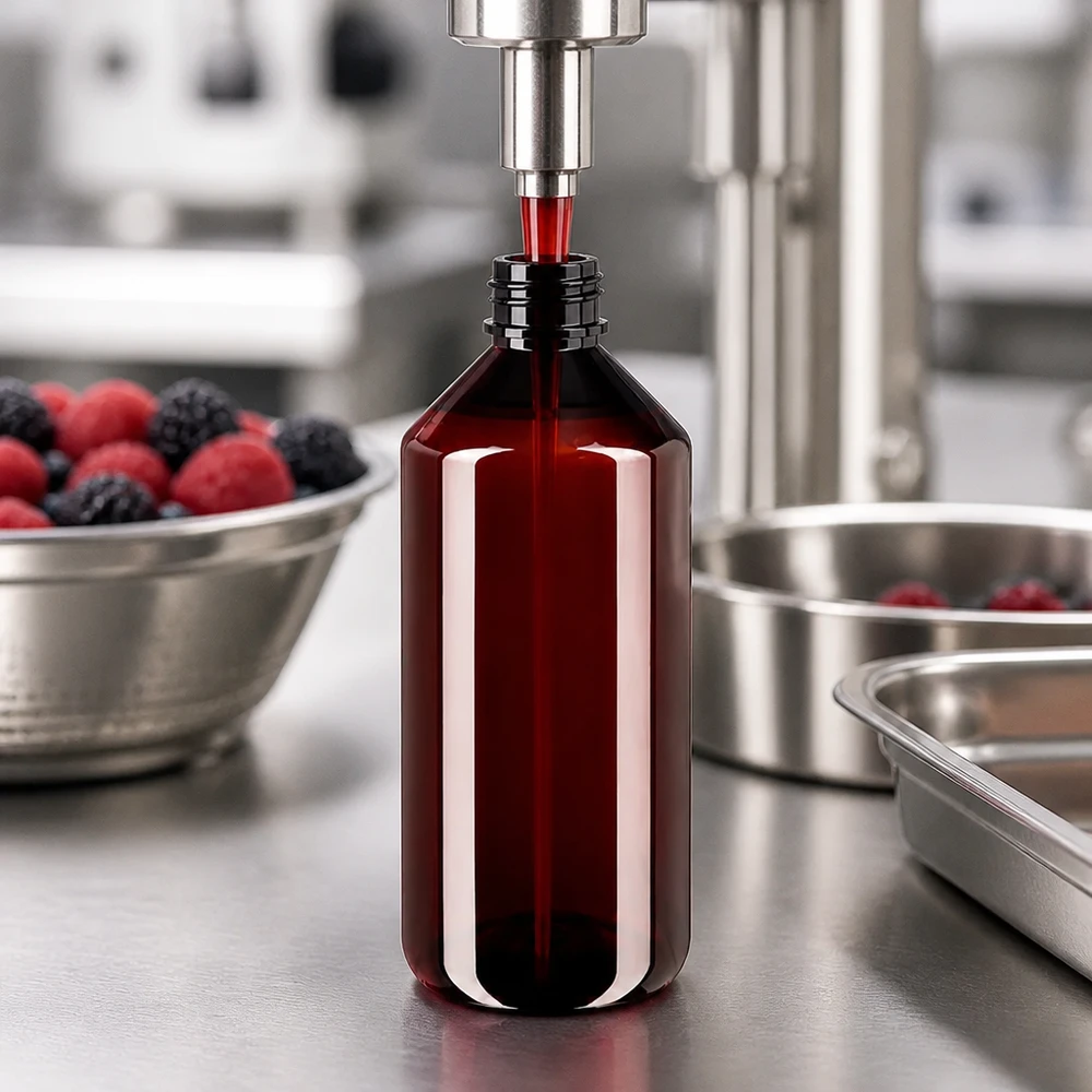 Butelka PET 1000ml z atomizerem czarna Butelka PET o pojemności 1000 ml w kolorze bursztynowym jest przemysłowo napełniana czerwonym sokiem owocowym