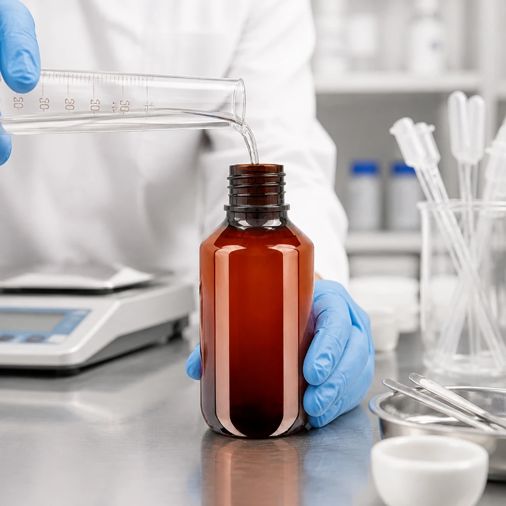 Kompakte braune PET Rundflasche 200ml mit weißem OV und Becherset für Laboranwendungen
