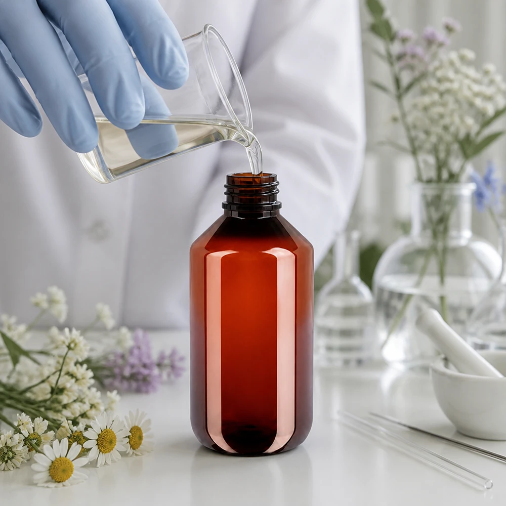 Butelka PET 200 ml z białą nakrętką typu flip-top. Brązowa butelka apteczna o pojemności 200 ml z białym zamknięciem na zatrzask, przeznaczona do kosmetyków naturalnych i zastosowań laboratoryjnych