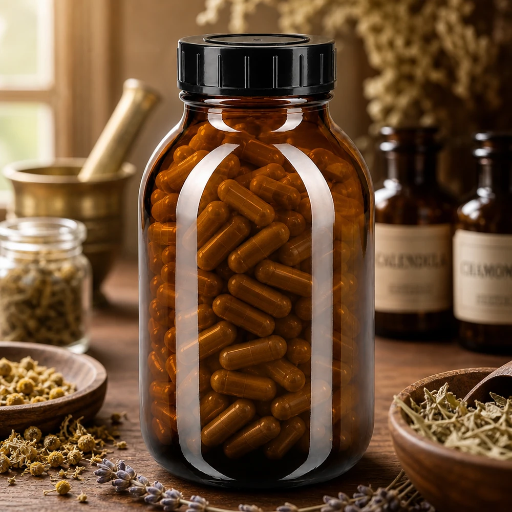 Butelka farmaceutyczna 500 ml wykonana z bursztynowego szkła chroniącego przed promieniowaniem UV z praktyczną zakrętką