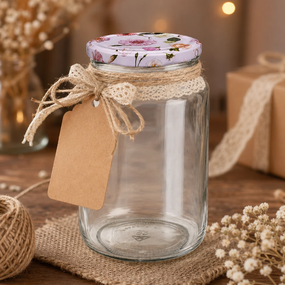 795ml Rundglas + BasicSeal Deckel Blume rosa UNiTWIST 795ml okrągły pusty słoik z pokrywką BasicSeal różowe kwiaty rustykalna dekoracja sznurek jutowy papier pakowy przywieszka opakowanie prezentowe