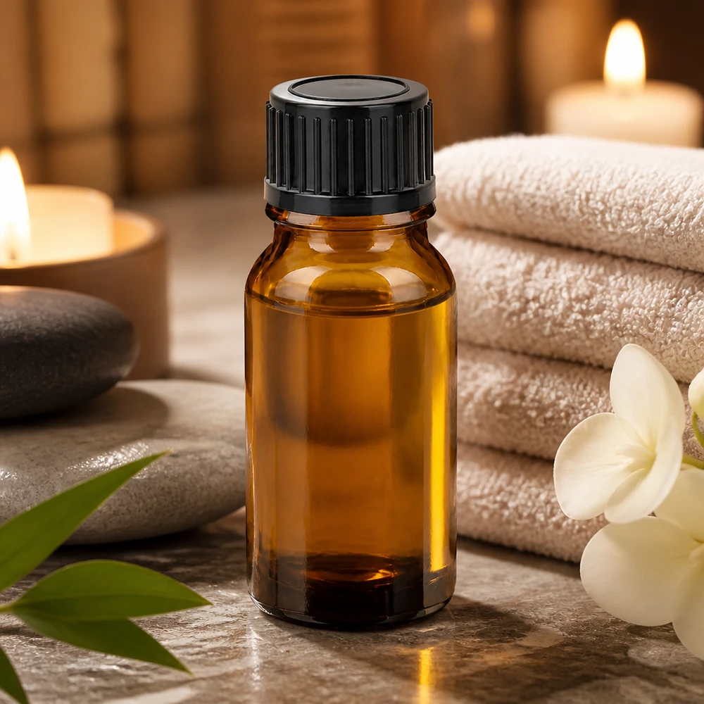 Kompaktowa butelka 10 ml z prążkowaną czarną nakrętką do profesjonalnych zastosowań aromaterapeutycznych