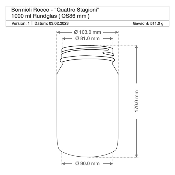 Słoik okrągły 1000 ml „Quattro Stagioni” z pokrywką Rysunek techniczny 1000ml Quattro Stagioni okrągła szklanka o wymiarach średnica wysokość 170mm Specyfikacja Bormioli Rocco