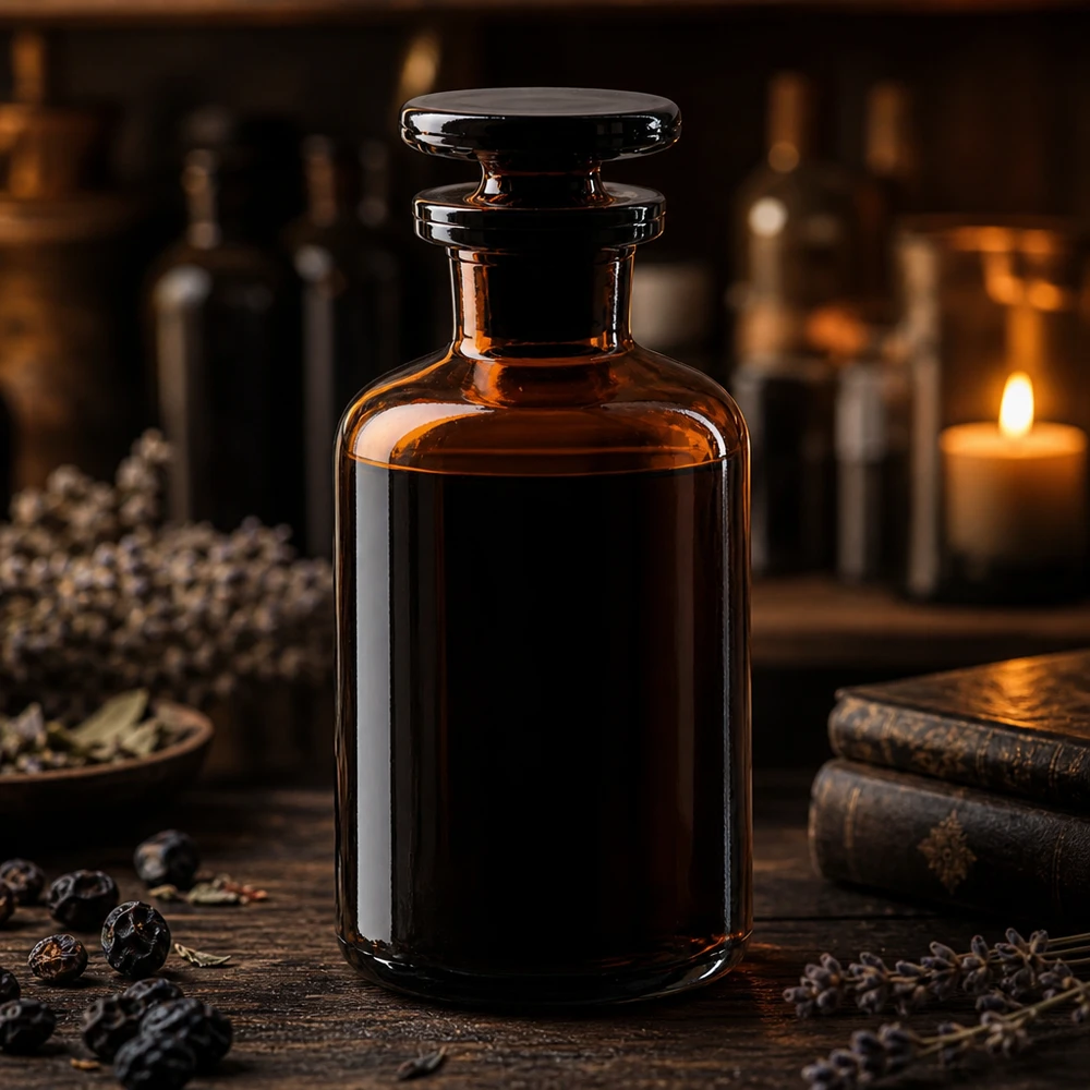 Butelka z zaokrąglonymi ramionami, 50 ml, z brązowego szkła, z wąską szyjką i szklanym korkiem, przeznaczona dla aptek i homeopatii