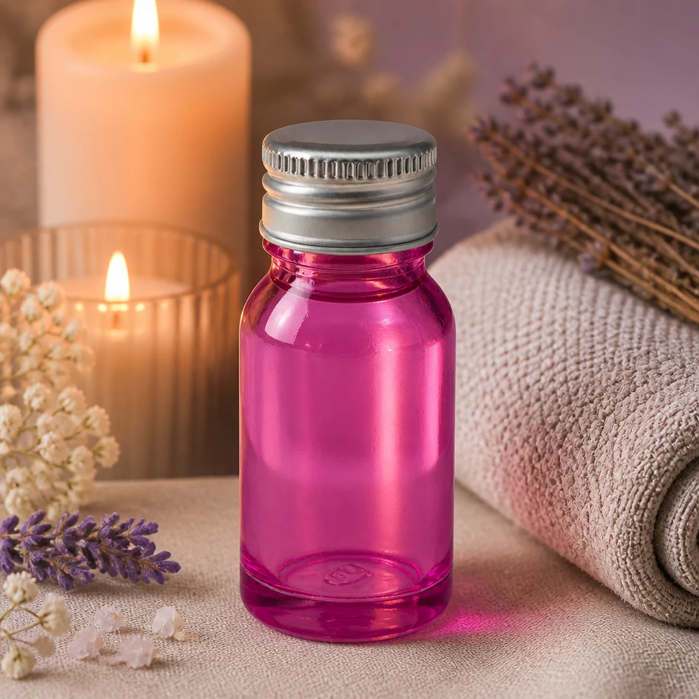 Fioletowa szklana butelka 10 ml z otworem 11 mm i srebrną aluminiową pokrywką do odnowy biologicznej i spa