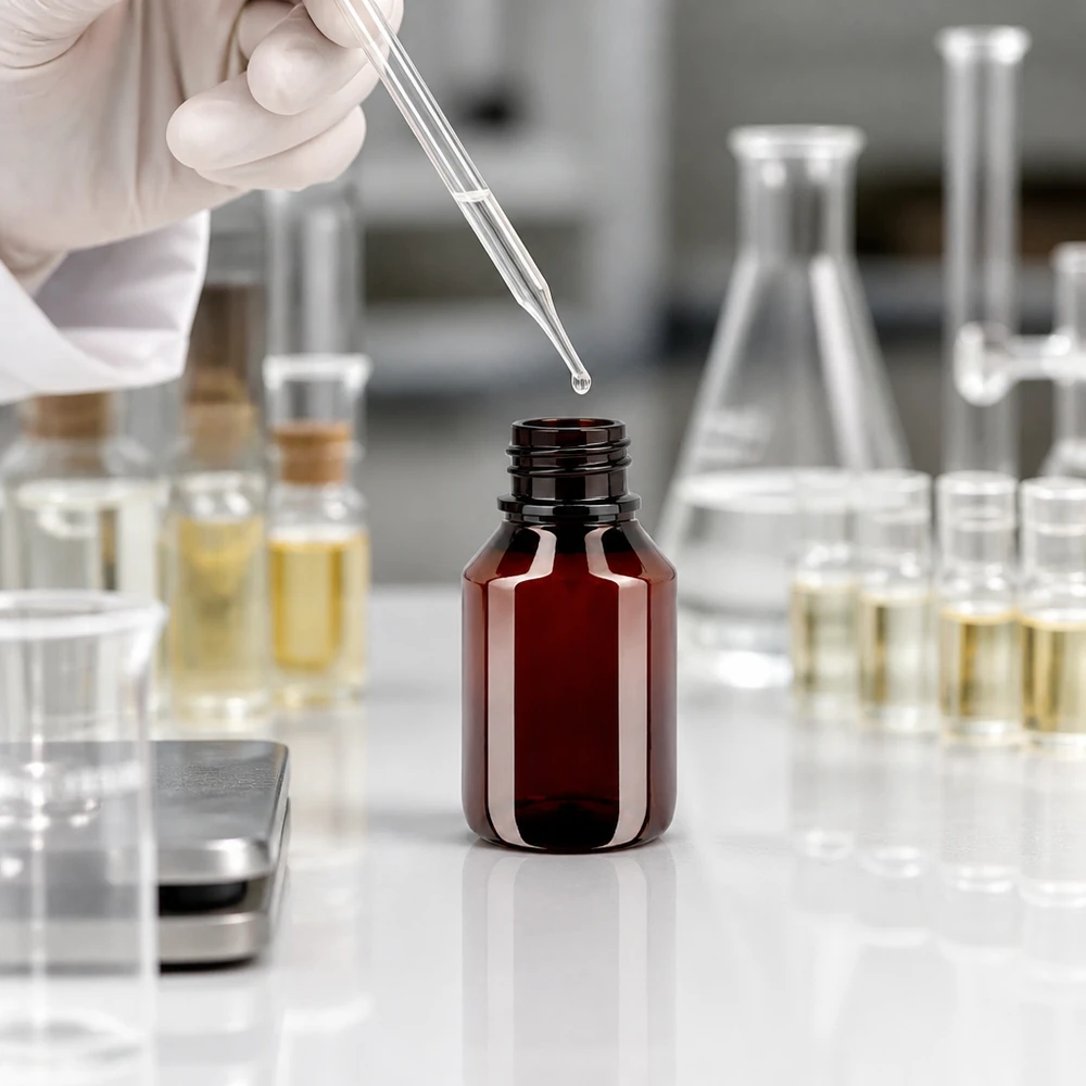 Brązowa butelka PET z ochroną przed światłem, pojemność 50 ml, z białym opakowaniem zewnętrznym, przeznaczona do substancji wrażliwych na promieniowanie UV