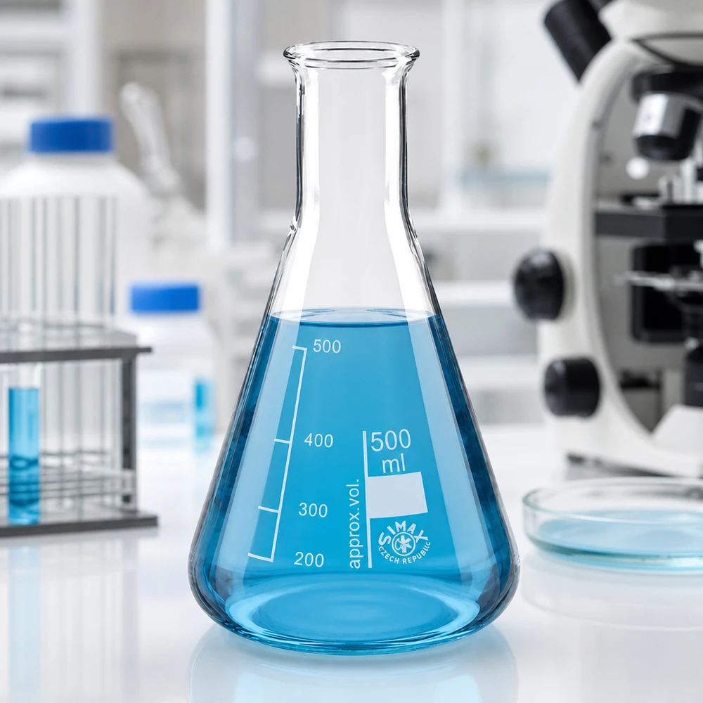 Kolba Erlenmeyera 500 ml z wąską szyjką i niebieskim roztworem w sterylnym środowisku laboratoryjnym do eksperymentów chemicznych