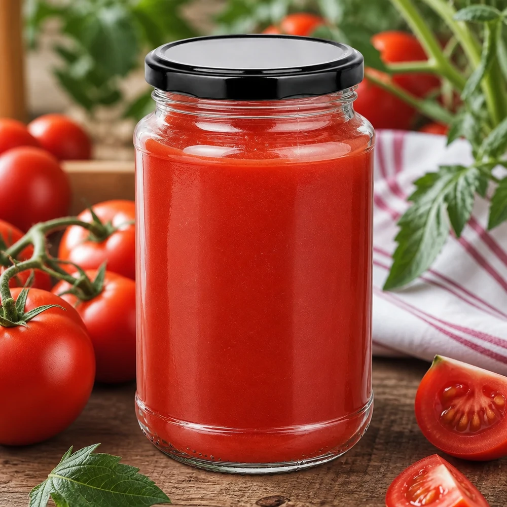 Okrągła szklanka 320 ml + BasicSeal czarna UNiTWIST Okrągła szklanka UNiTWIST o pojemności 320 ml z nakrętką BasicSeal w kolorze czarnym, wypełniona czerwonym sosem pomidorowym i otoczona świeżymi pomidorami