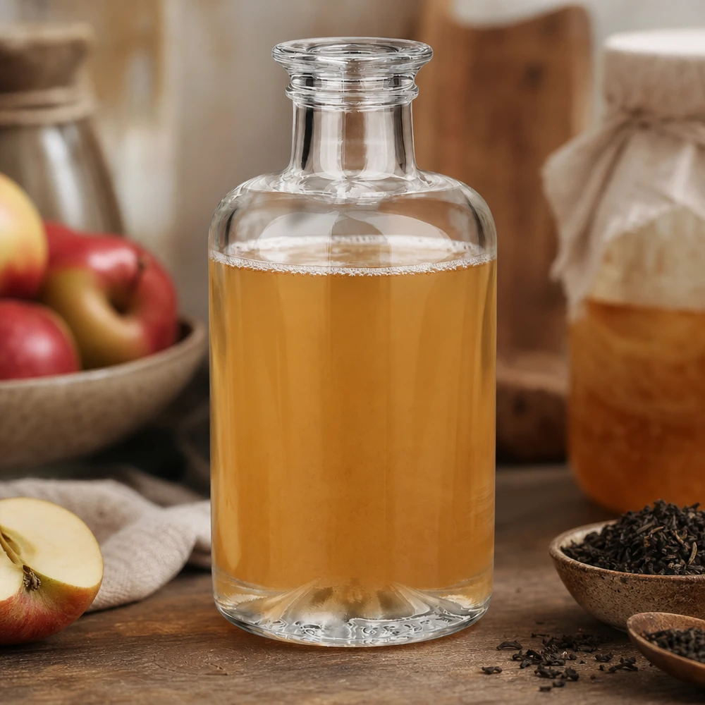 100 ml szklana butelka Sofia wypełniona sokiem jabłkowym obok świeżych jabłek i ziół herbacianych na naturalnym drewnianym stole