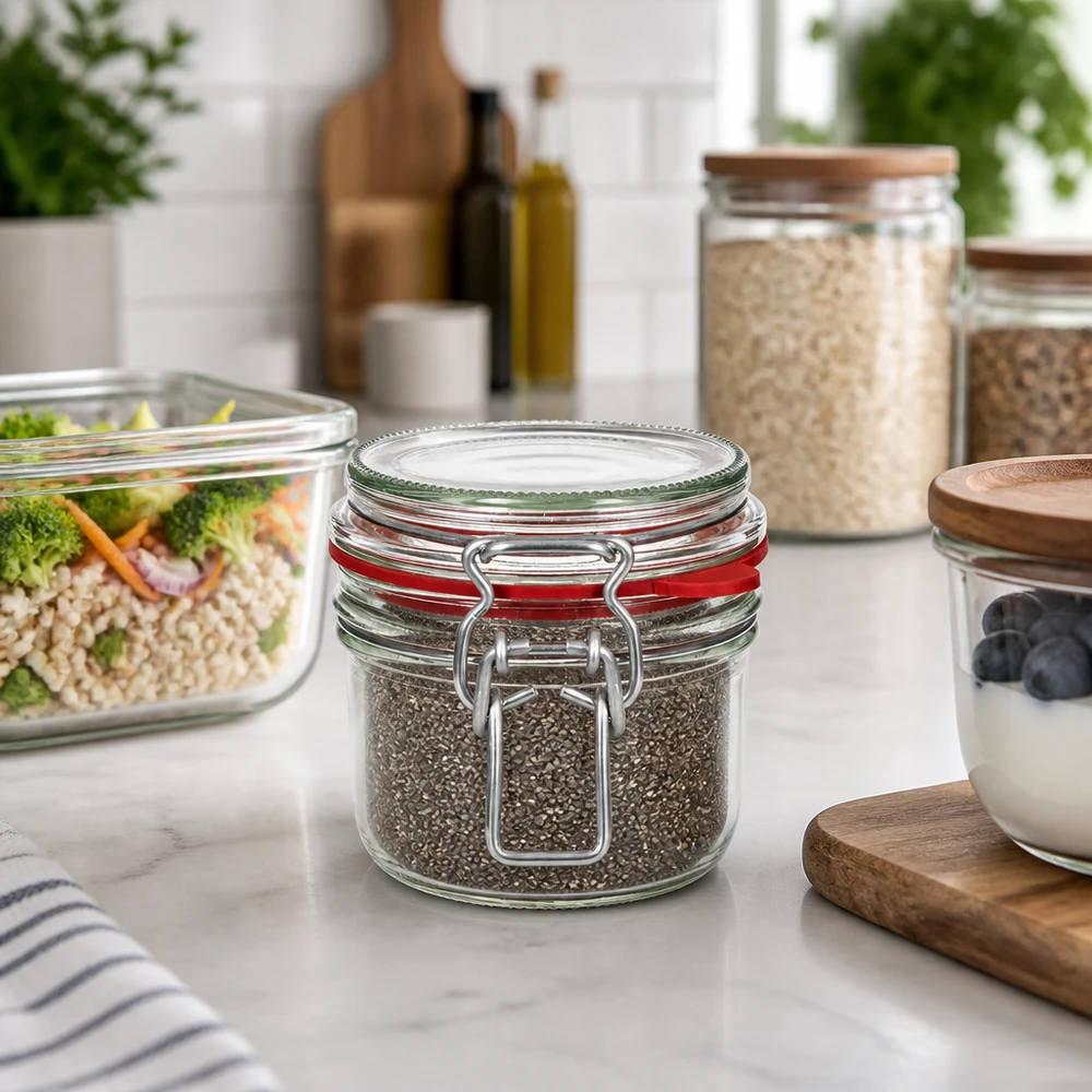 Słoik do przechowywania o pojemności 255 ml, typ G, z zamknięciem na zatrzask UN.. Stilvolle Küchenorganisation mit 255ml Vorratsglas Bügelverschluss für Gewürze und Trockenvorräte auf Marmortheke