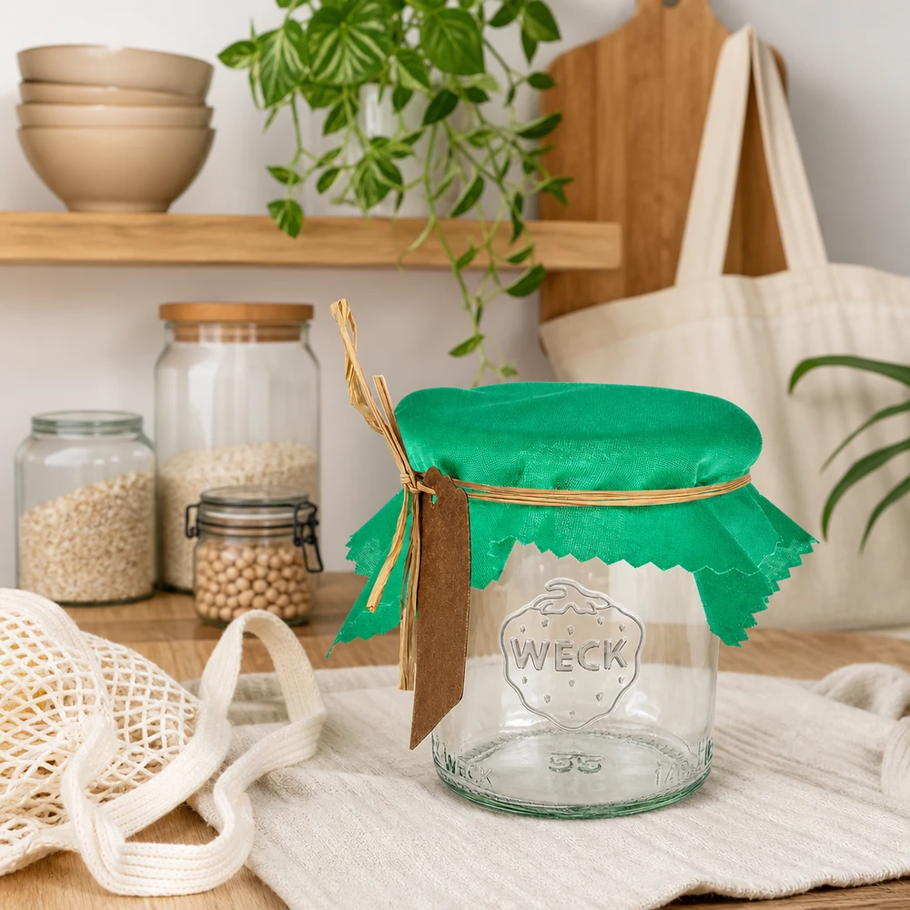 Serwetka materiałowa zielona 120x120mm kwadratowa Zielona serwetka dekoracyjna 12 cm kwadratowa na słoiku WECK w zrównoważonej kuchni zero waste z pojemnikami do przechowywania i workiem jutowym